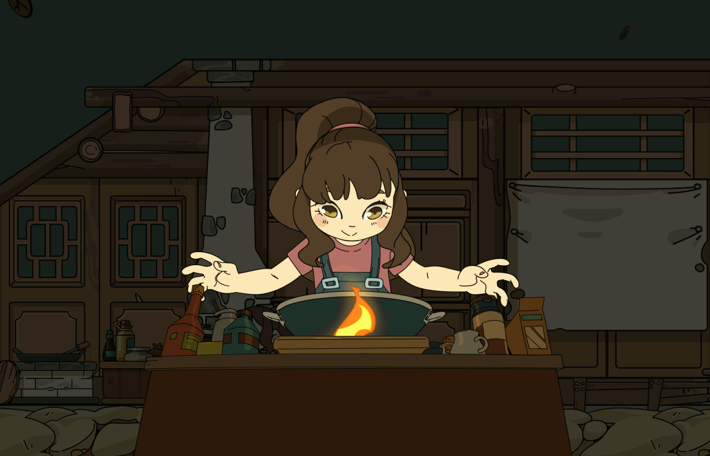 望溪镇烹饪动图：穿粉色T恤与蓝色背带裤的女孩在木屋厨房里双手悬于燃烧的铸铁炒锅上方，锅中腾起跃动的橙黄火焰。