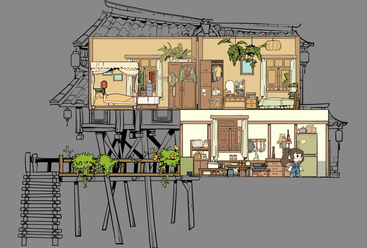 望溪镇场景设计稿：东亚木构民居的剖面图，可见底层厨房与餐厅、二层卧室与书房，屋顶为灰瓦歇山顶。