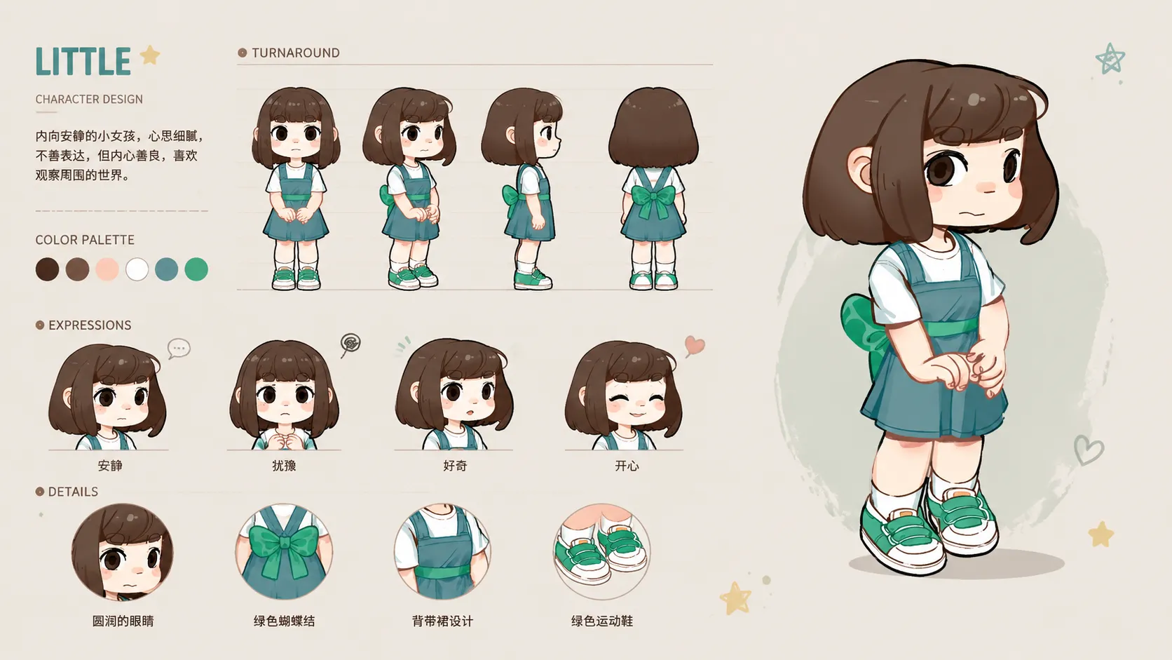 望溪镇角色设计稿：齐肩棕发、内向安静的二头身少女 LITTLE，穿蓝绿背带裙配绿色蝴蝶结，含正侧背四视图与害羞、开心、犹豫等表情。
